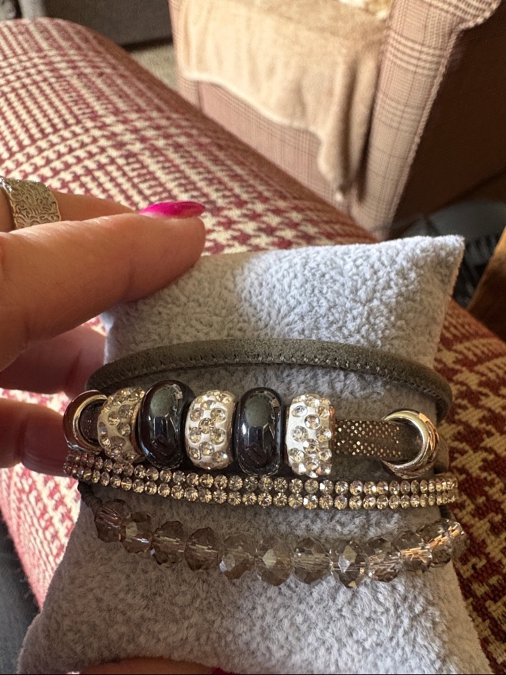 Gray Beaded Multi-Strand Bracelet with Crystal Accents